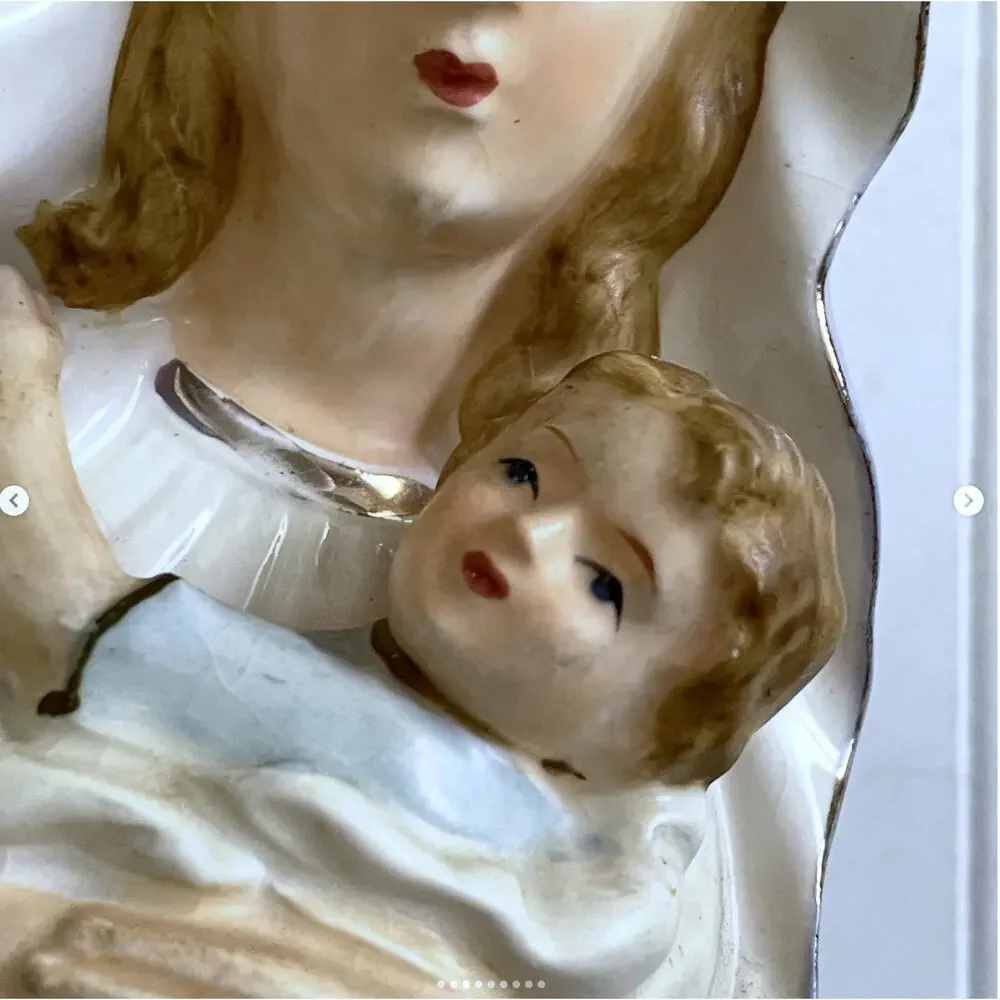 Vintage Mary Blessed Mother Baby Jesus Planter Religious Vase Porcelain Ceramic